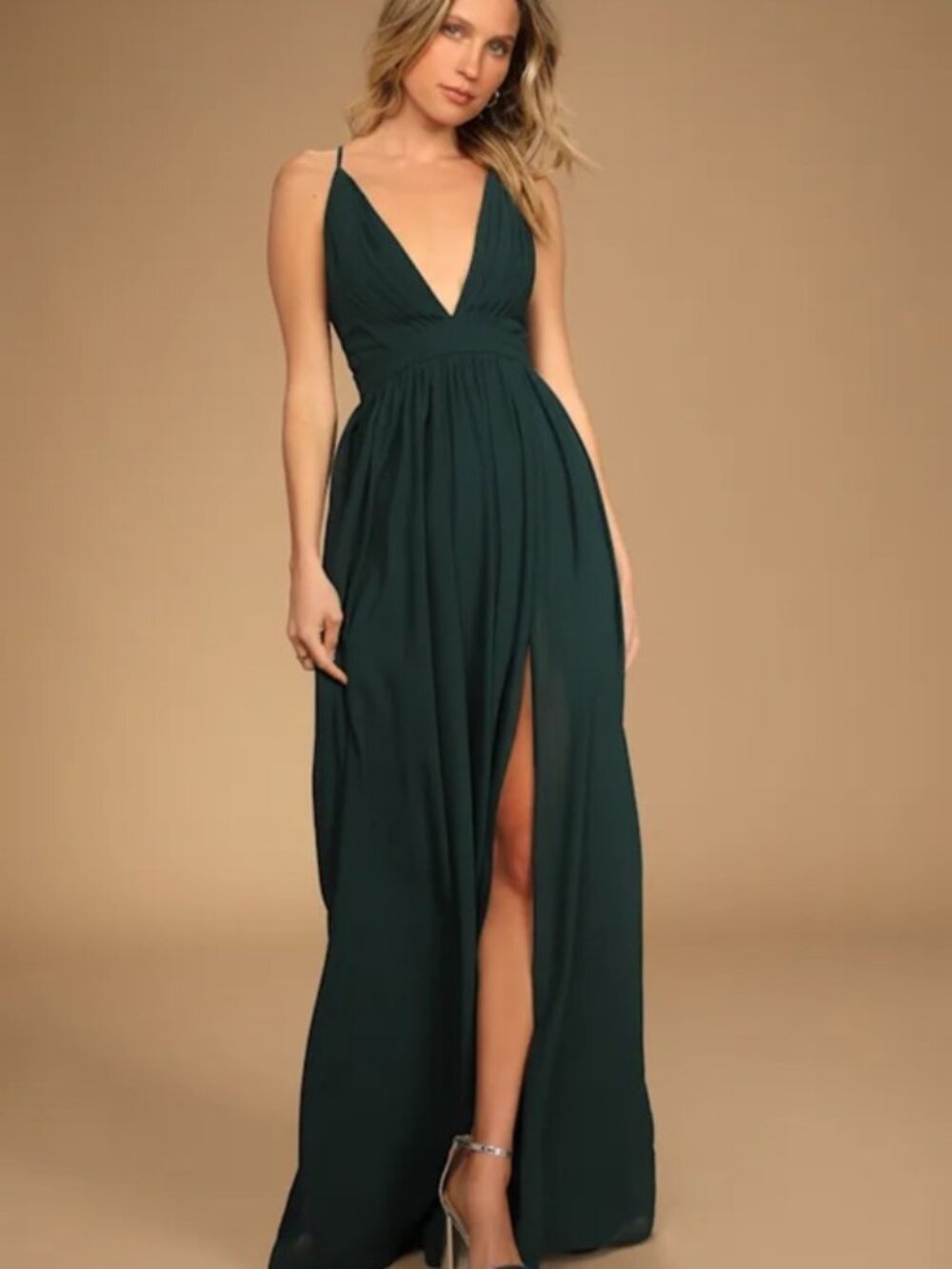Lulu's Ballroom Bliss Emerald Green Pleated Maxi Dress, Size M
